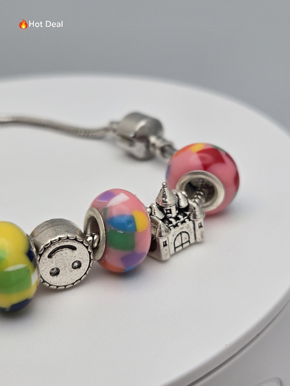 Colorful Charm Bracelet Girl Hope Owl Castle Clover Train 8.5" Pandora Style - Picture 5 of 6